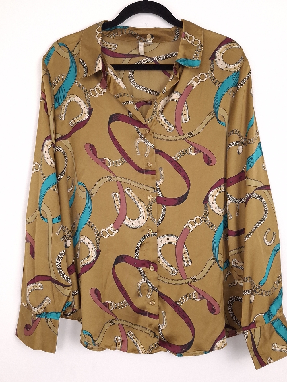 Cato satin button up shirt equestrian horsebit bridle print preppy long sleeve